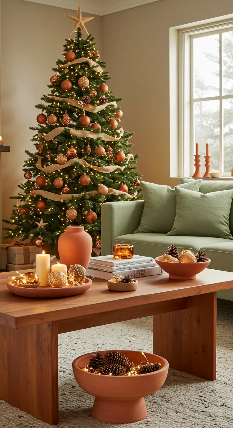 Salon avec sapin décoré de boules terracotta et canapé vert sauge.