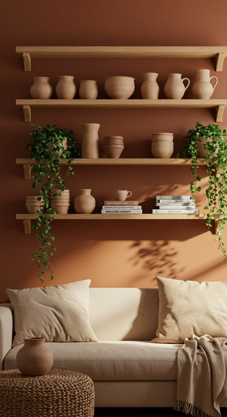 Étagères en bois sur un mur couleur terracotta, décorées de poteries et de plantes vertes retombantes.