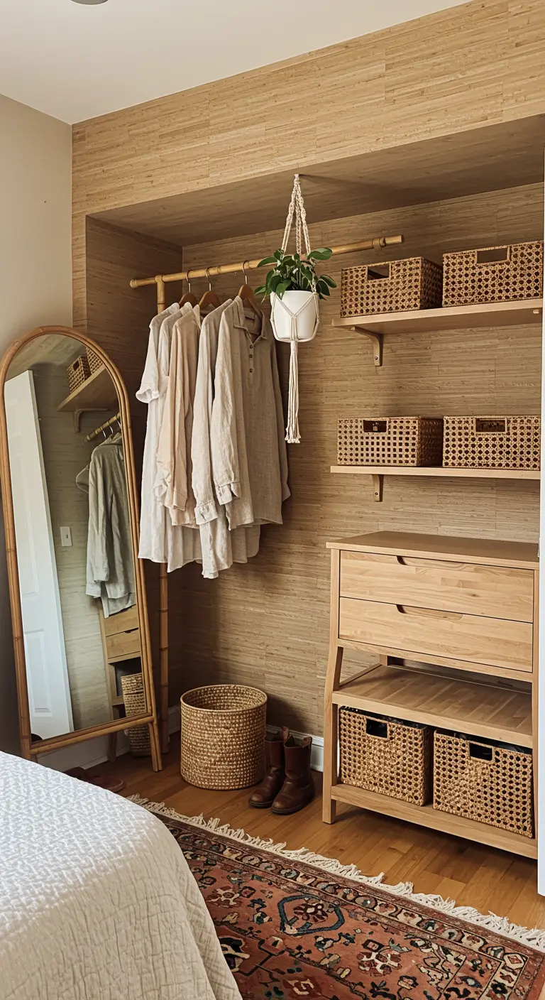 Placard ouvert style bohème avec tringle en bambou et paniers en rotin.