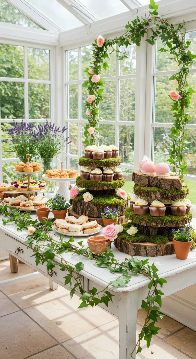 Buffet champêtre avec présentoirs en rondins de bois couverts de mousse et une arche de lierre.