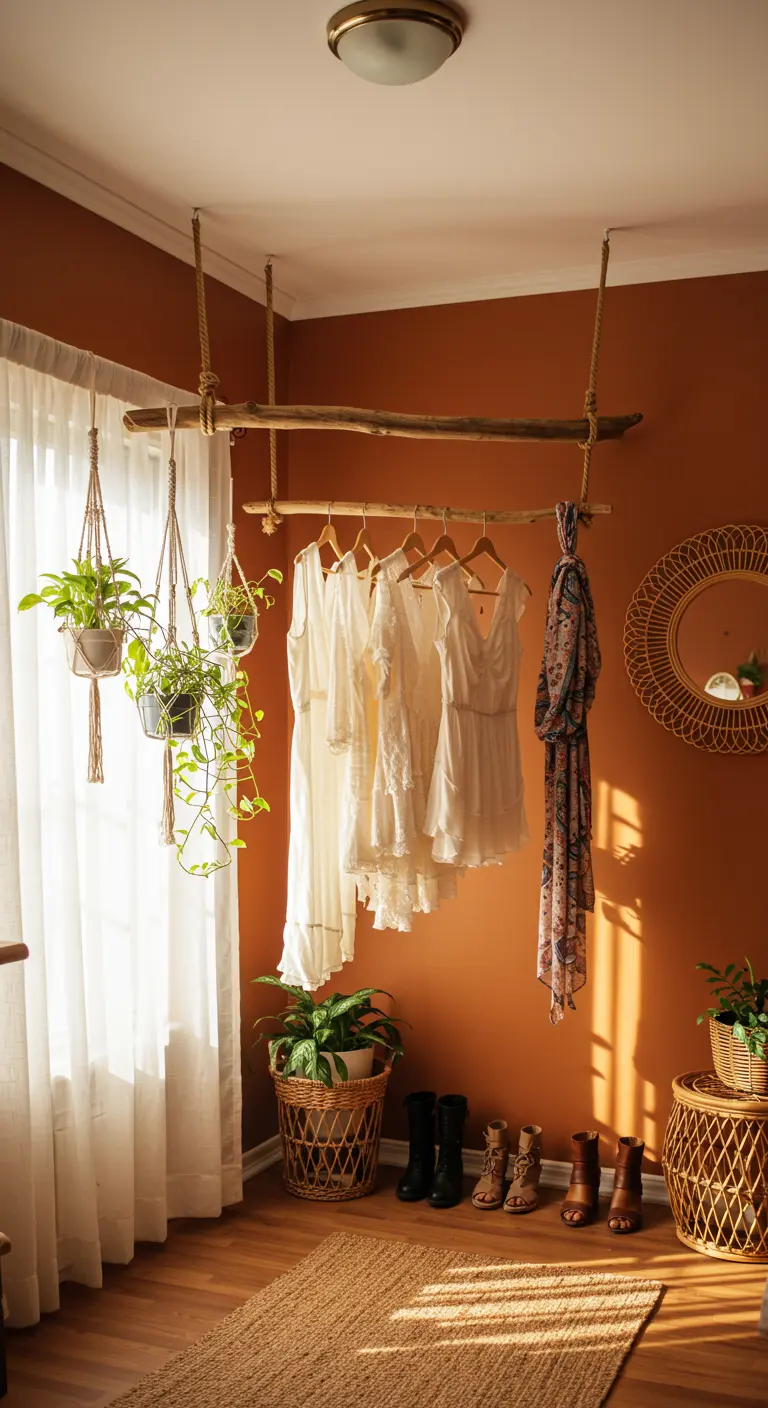 Une branche d'arbre suspendue au plafond par des cordes, servant de penderie dans une chambre bohème.