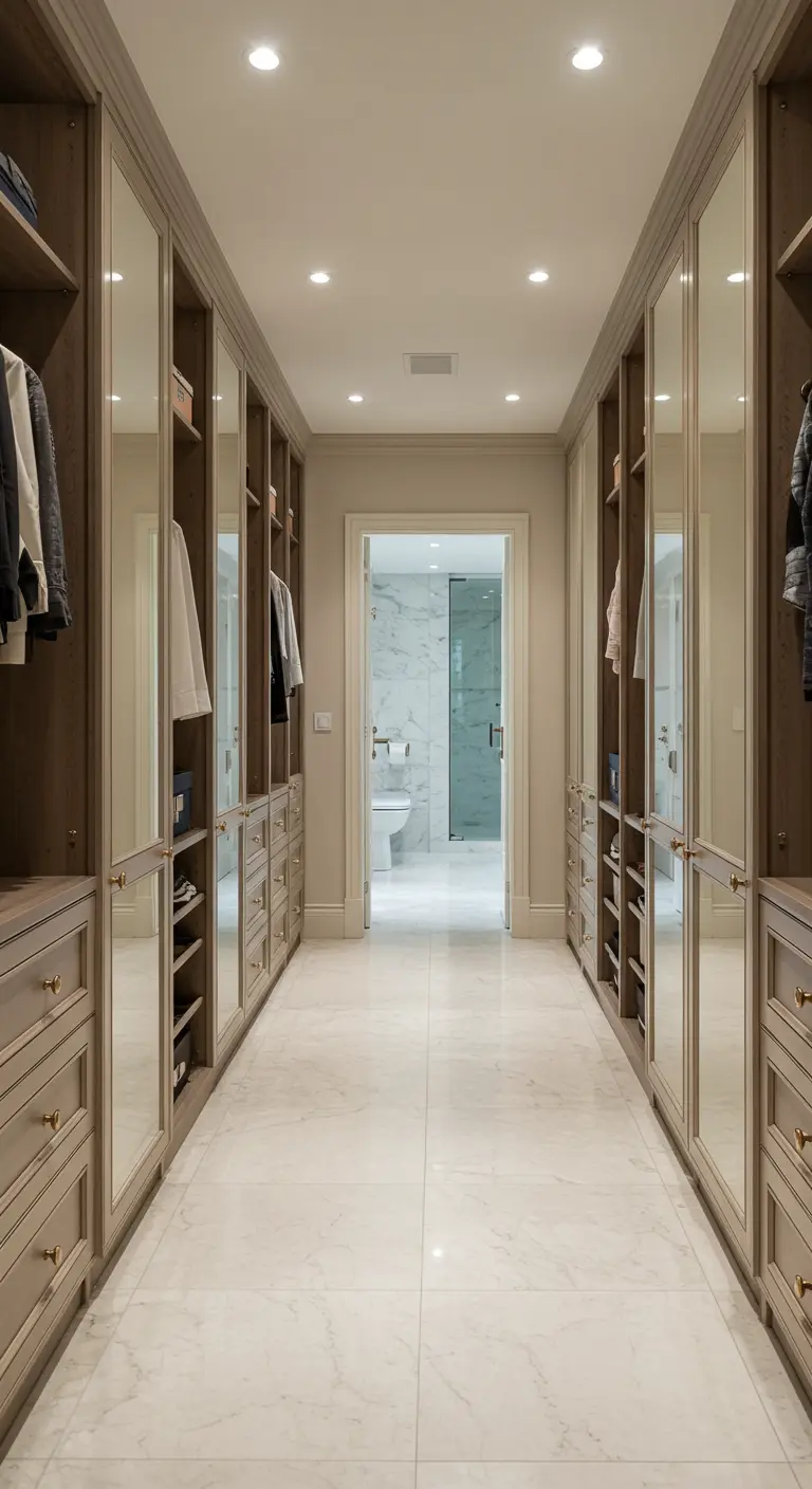 Long dressing avec des portes de placard en miroir des deux côtés, créant une perspective.