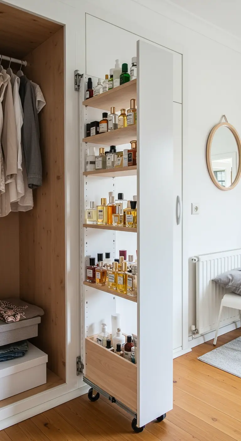 Une fine étagère blanche sur roulettes, remplie de flacons de parfum, sortant d'un placard.