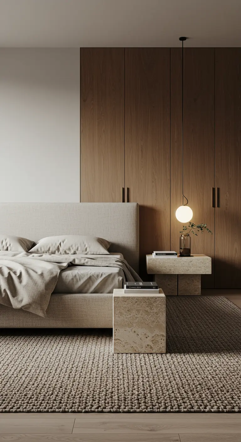 Chambre avec des tables de chevet cubiques en travertin et un tapis texturé.