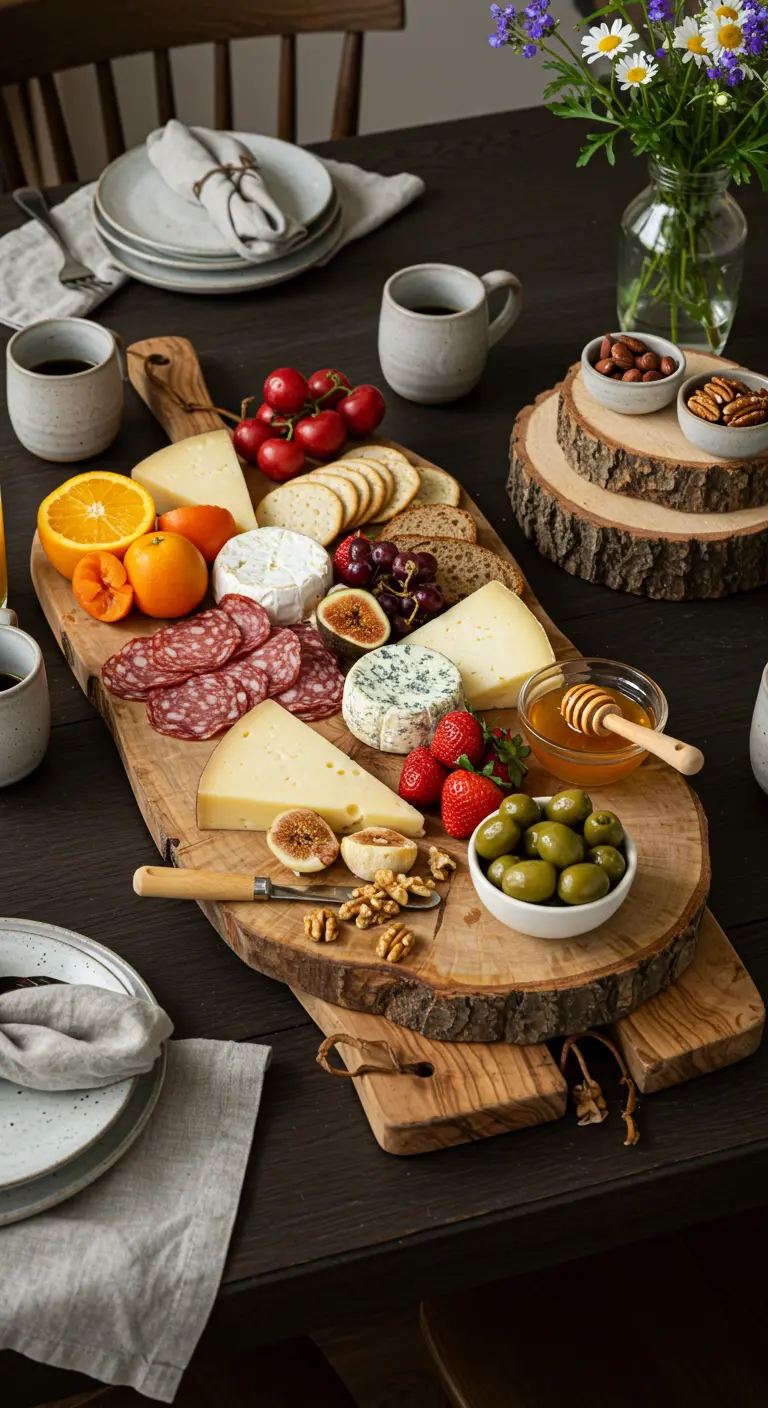 Planche en bois d'olivier garnie de fromages, charcuterie, fruits et noix.