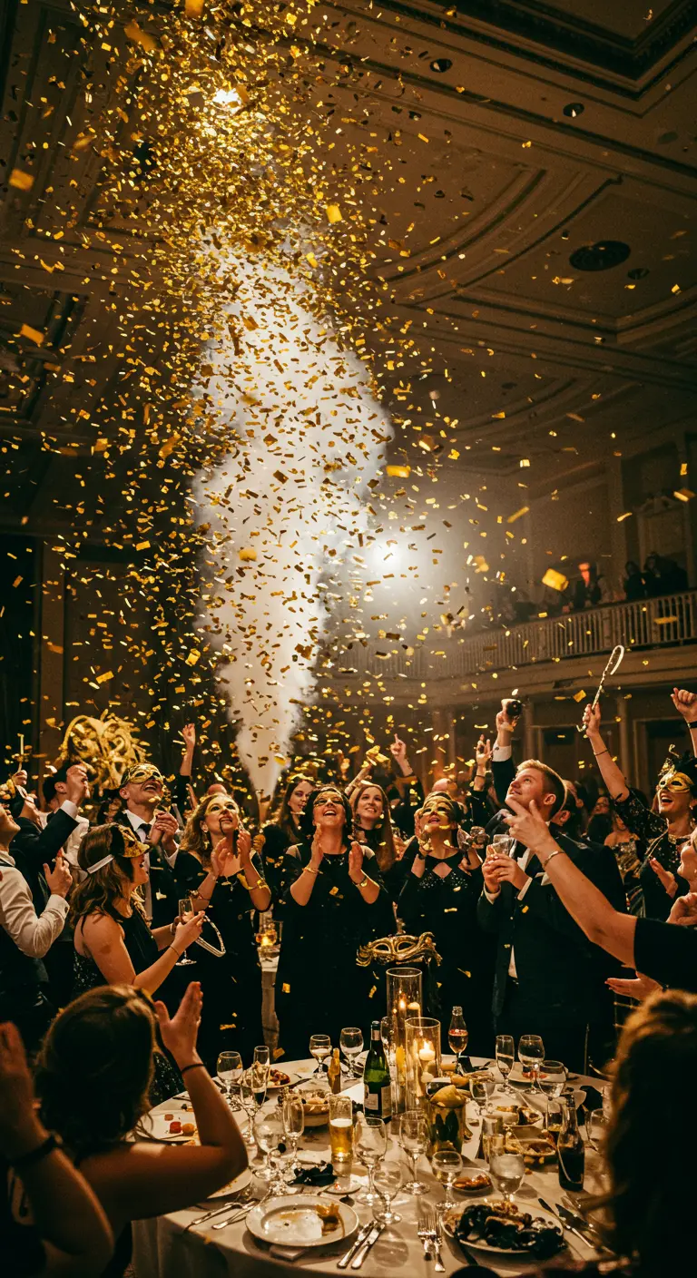 Invités célébrant sous une pluie massive de confettis dorés et de fumée.