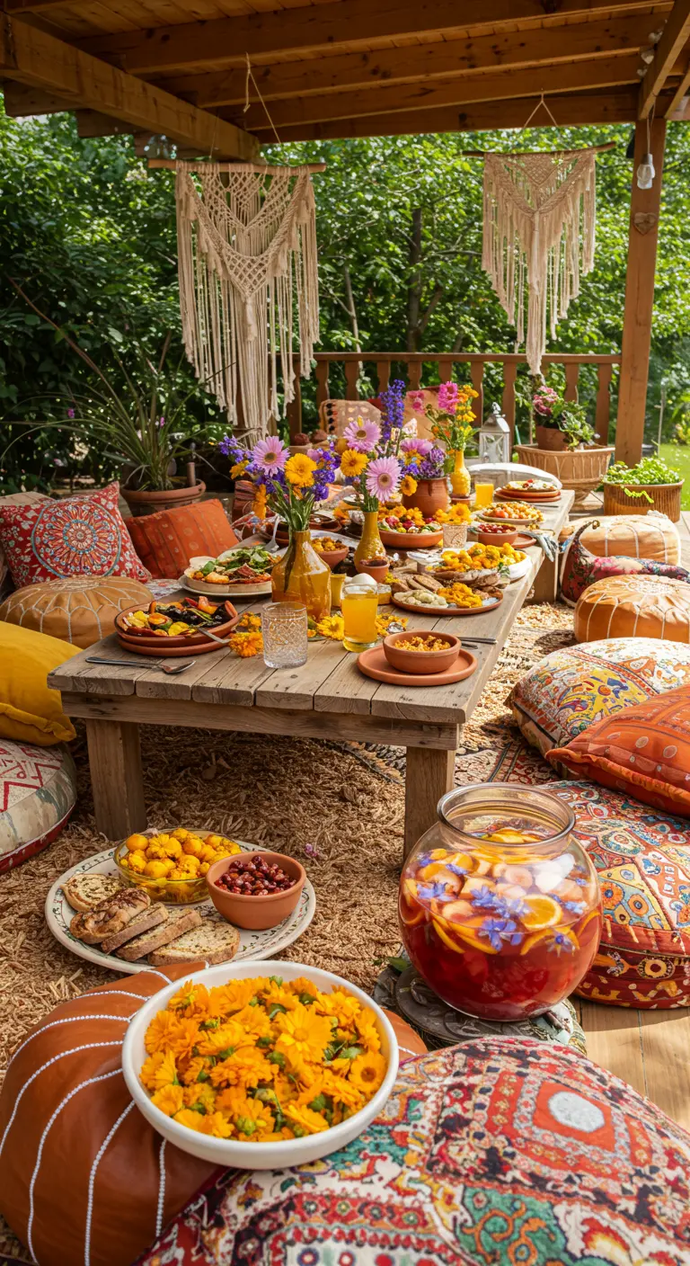 Table de brunch bohème basse avec des coussins de sol et des pétales dispersés.