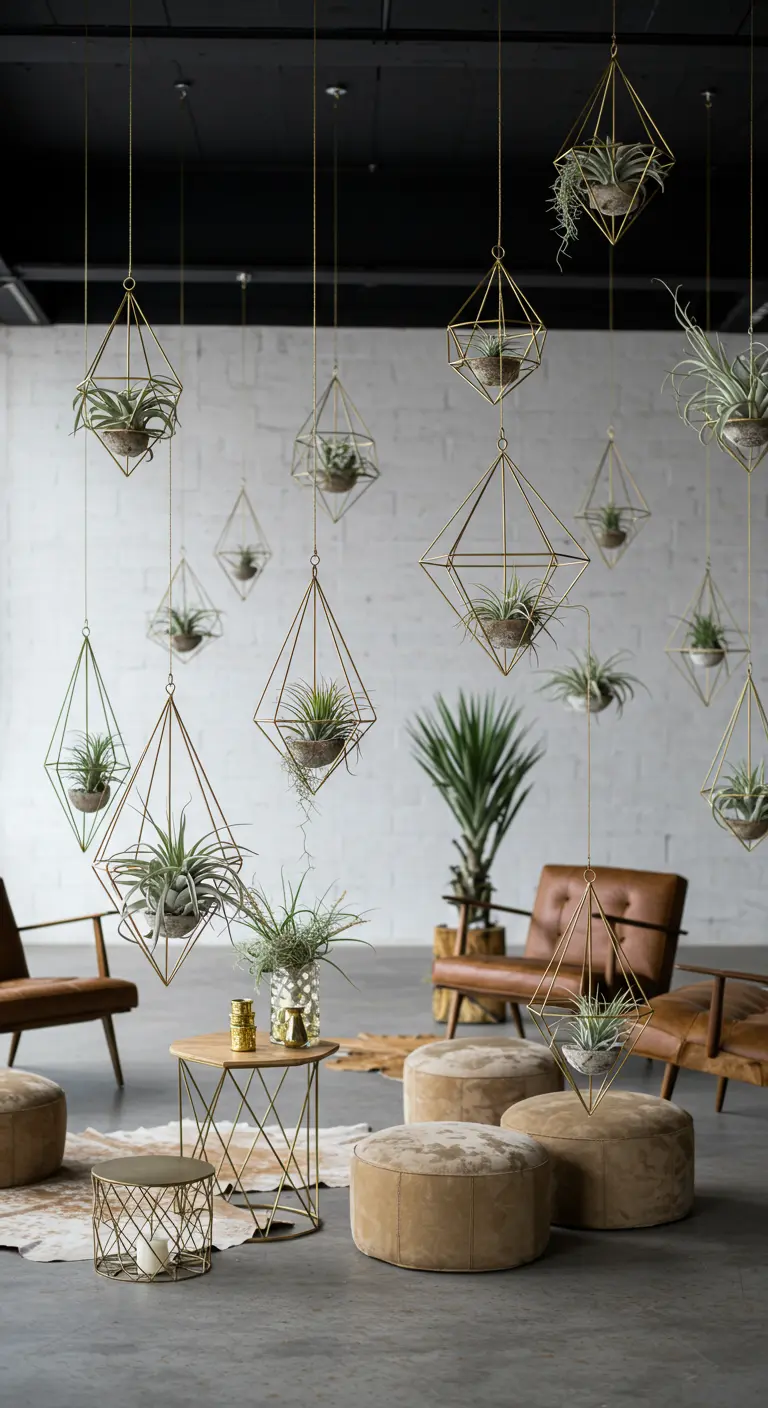 Plusieurs suspensions géométriques dorées avec des plantes aériennes dans un loft moderne.