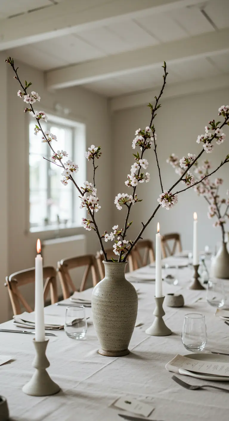 Branches de cerisier en fleurs dans un vase en céramique sur une table minimaliste.