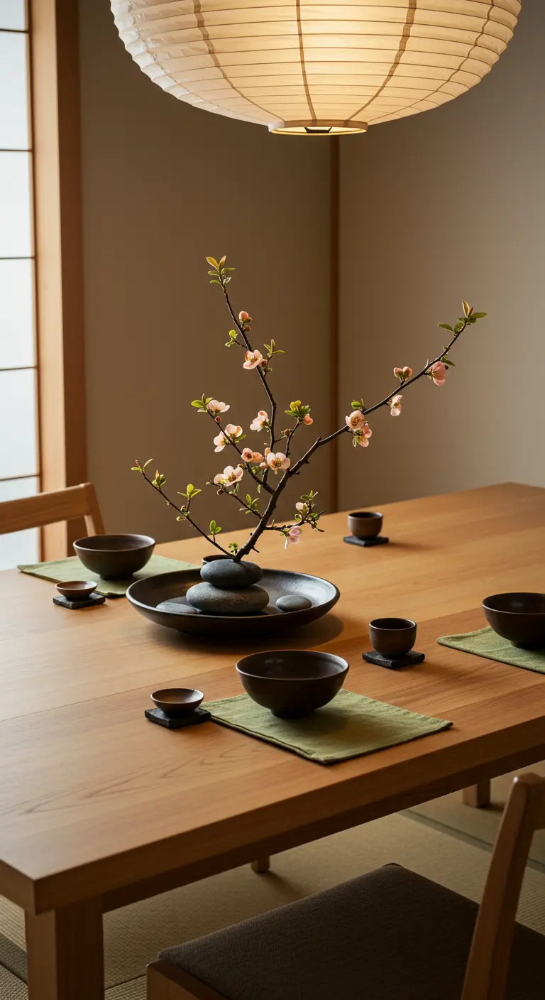 Arrangement de style ikebana avec une branche de cerisier en fleur sur une table en bois.