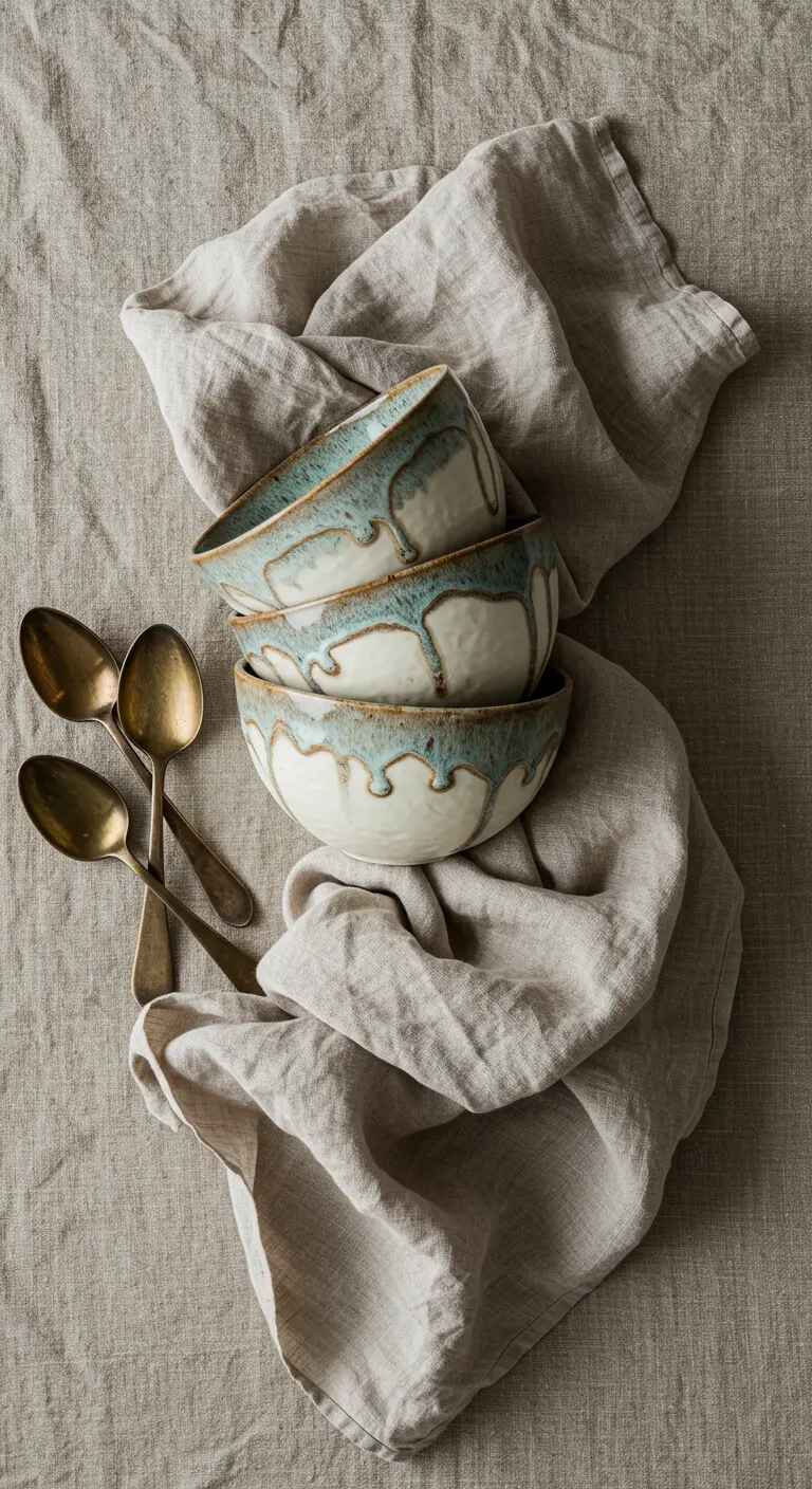 Bols en céramique artisanale avec un effet d'émail coulant sur du lin.