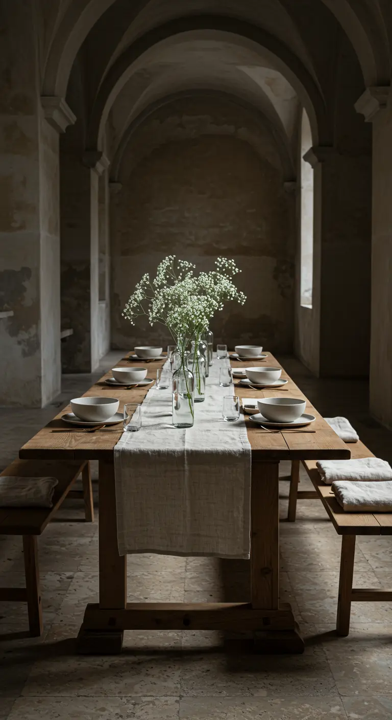 Longue table en bois dans une salle voûtée avec un décor de gypsophile.