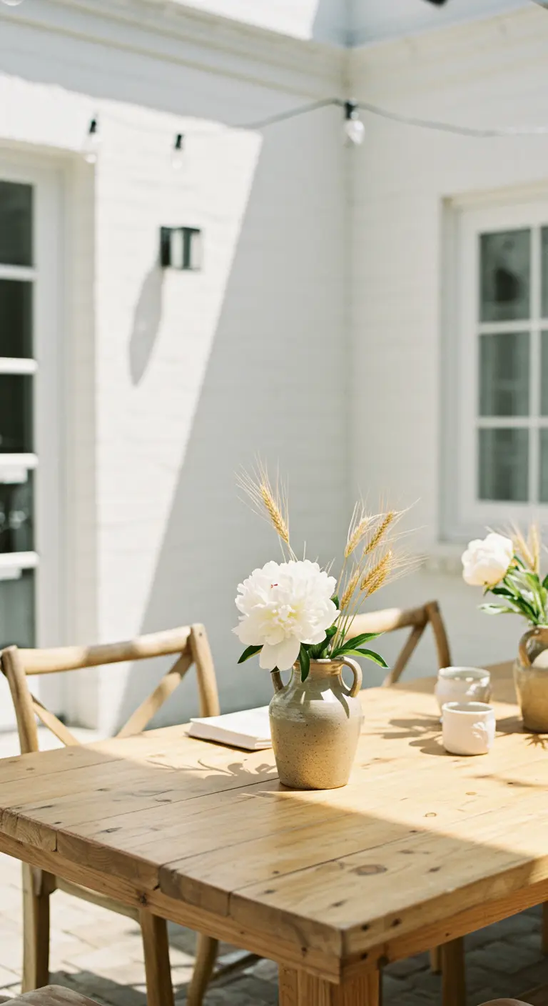 Vase en grès avec une pivoine blanche et du blé sur une table en bois.