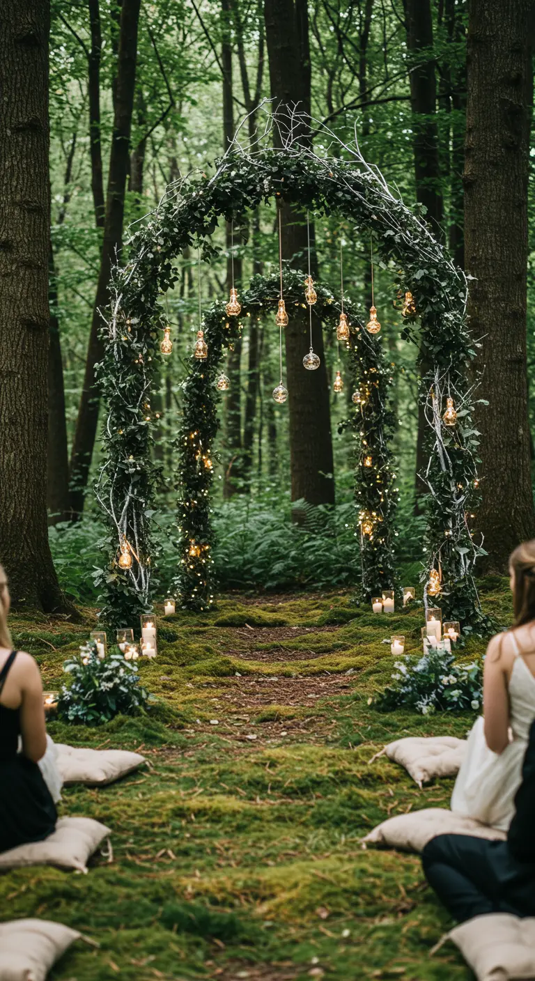 Arche de mariage en branches blanches entrelacées, avec des guirlandes et des ampoules suspendues.