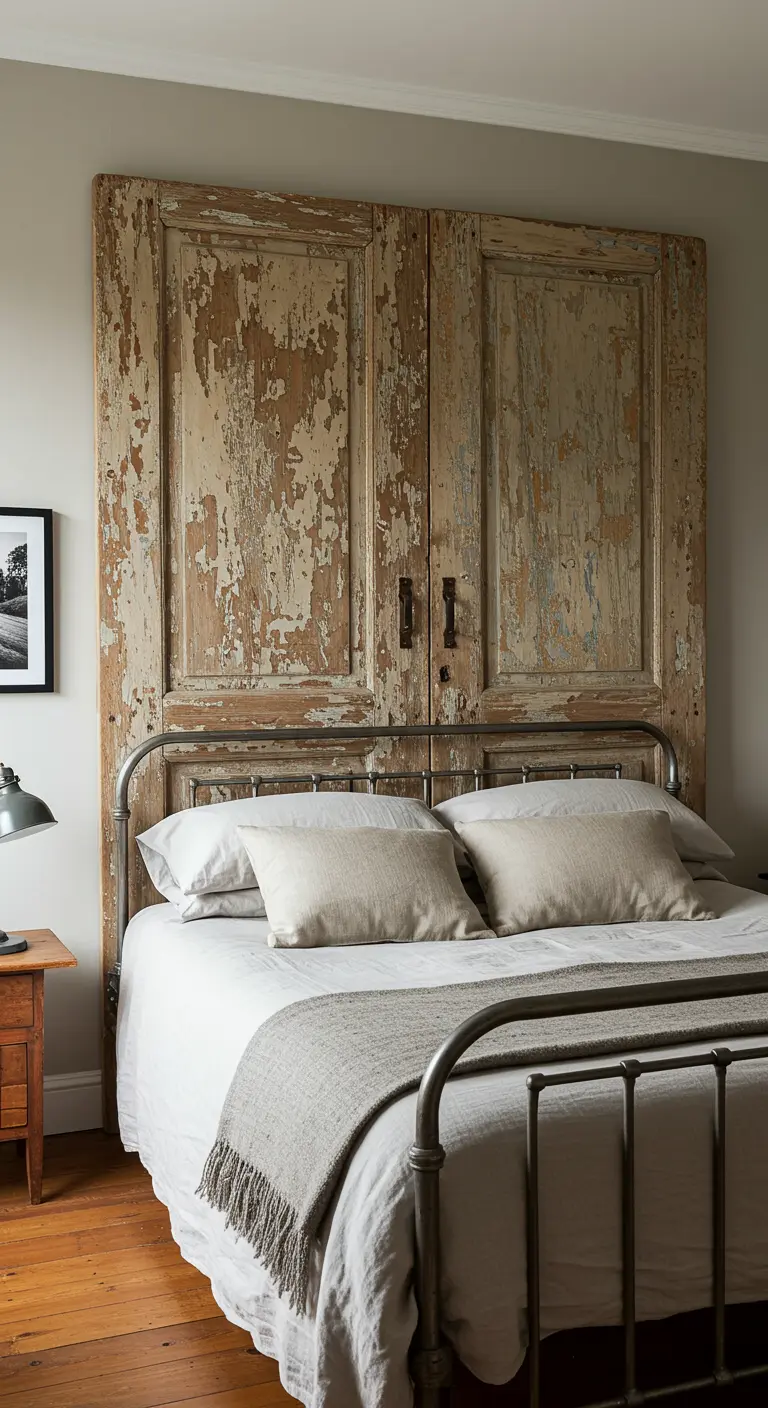 Deux vieilles portes en bois à la peinture écaillée sont placées côte à côte derrière le lit.