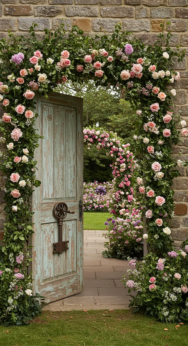 Vieille porte en bois encadrée de roses, ouvrant sur un jardin.