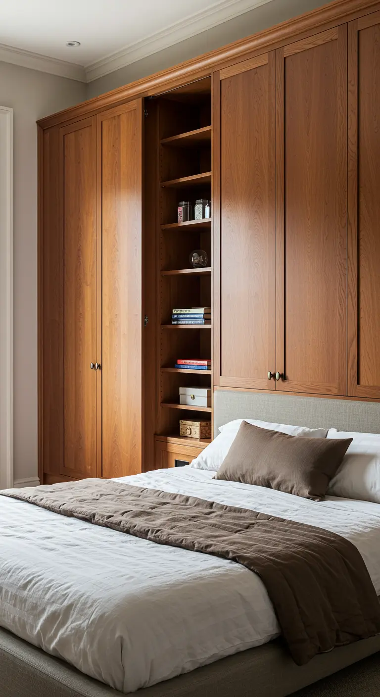 Armoire en bois dont une porte s'ouvre sur des étagères de rangement.