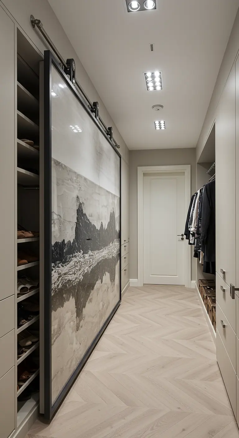 Porte de placard coulissante décorée d'une grande photo en noir et blanc.