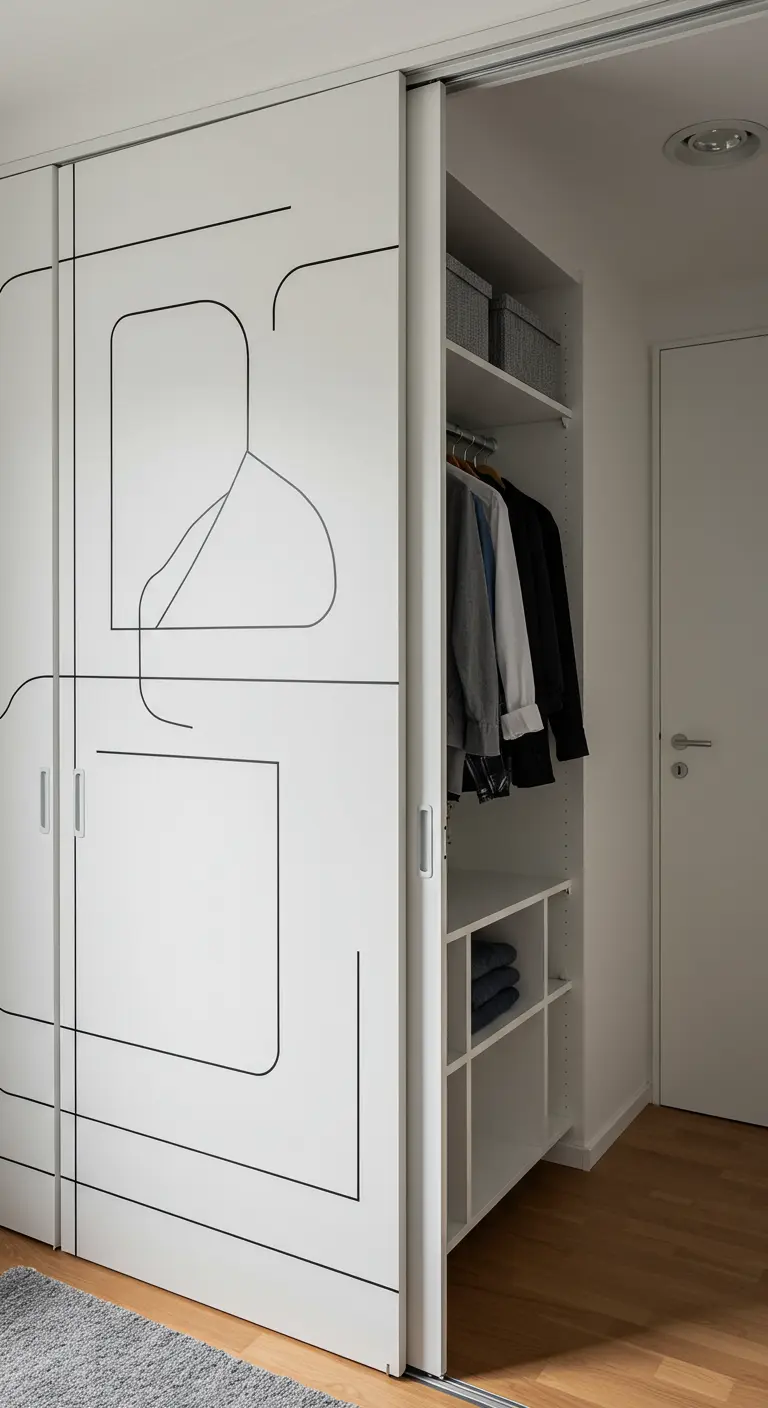 Portes de placard blanches décorées avec un motif de ligne noire abstraite.