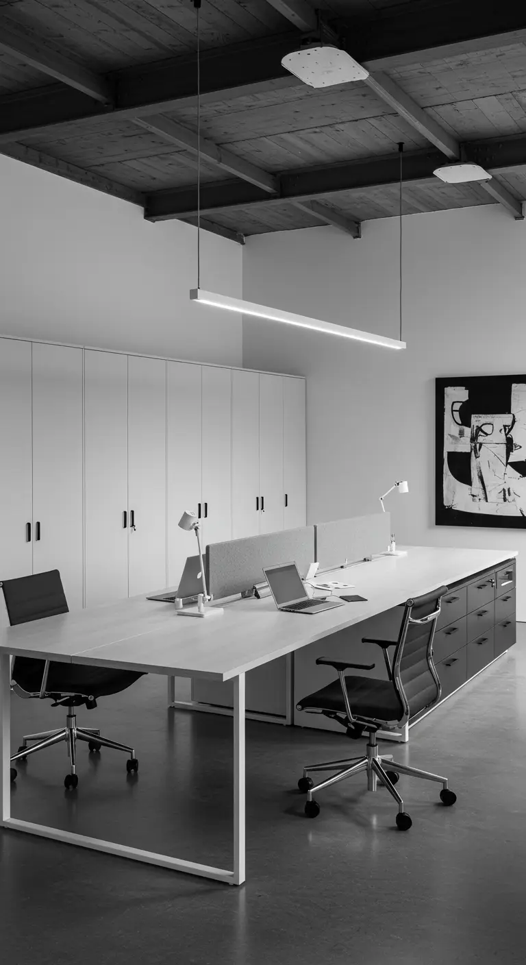 Longue table de bureau blanche et minimaliste avec des séparateurs, dans un espace noir et blanc.