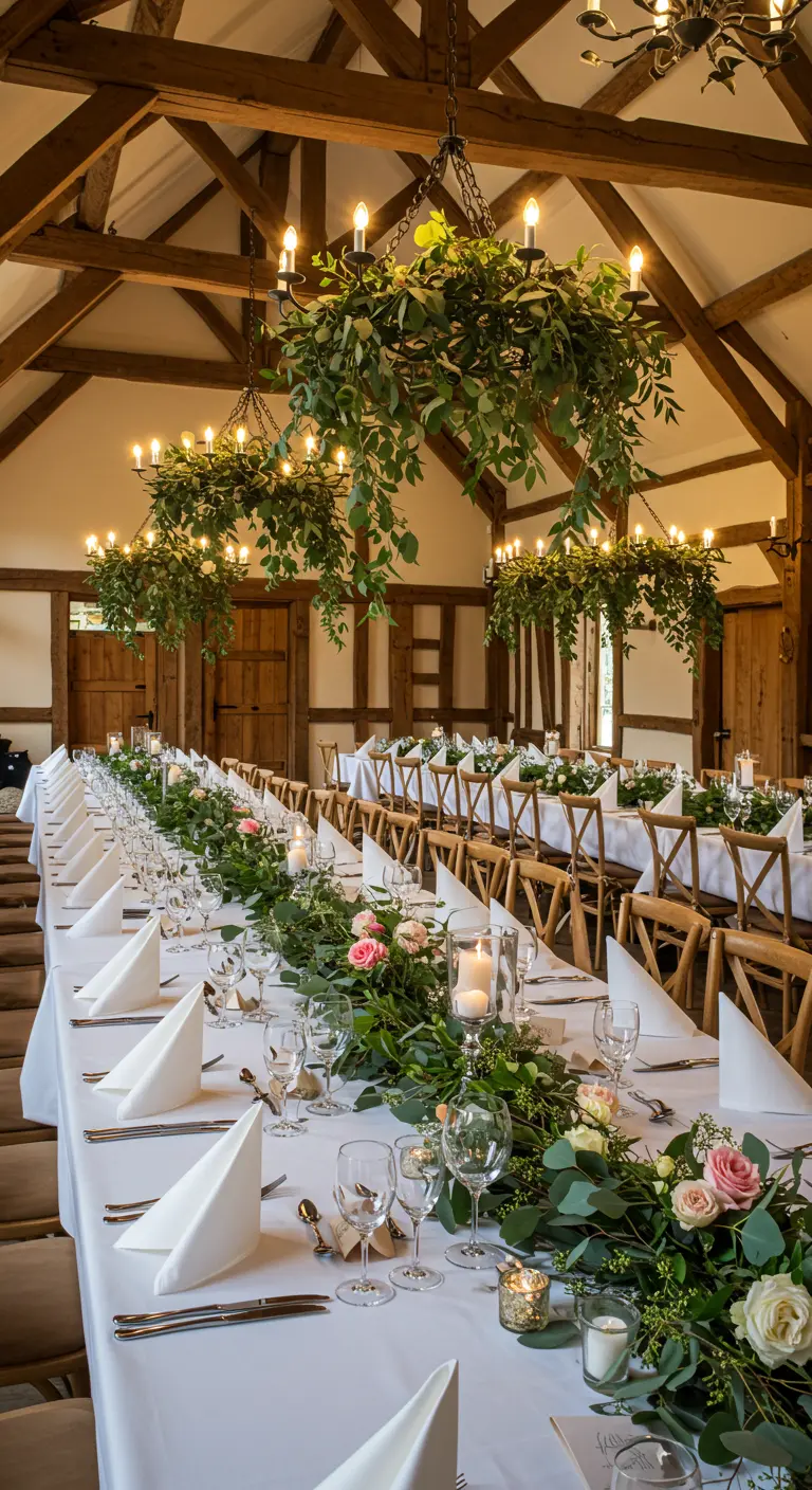 Longue table de mariage avec des serviettes blanches pliées en pyramide.