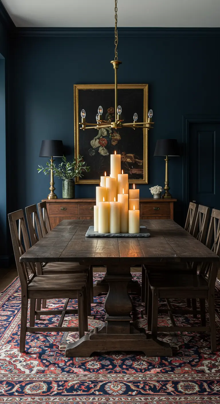 Une accumulation de bougies piliers blanches allumées sur une table de salle à manger sombre.