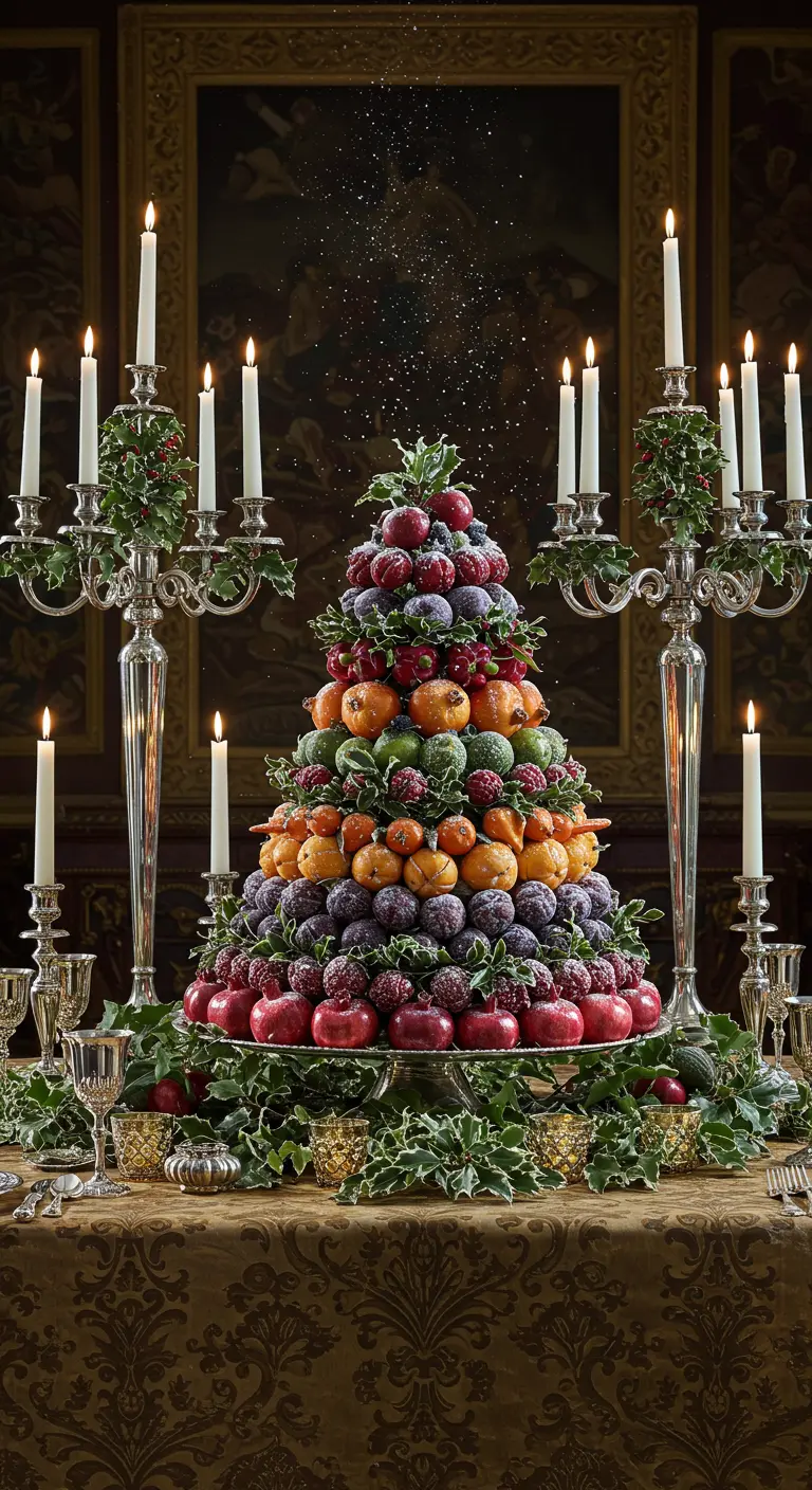 Centre de table comestible en pyramide de fruits givrés.