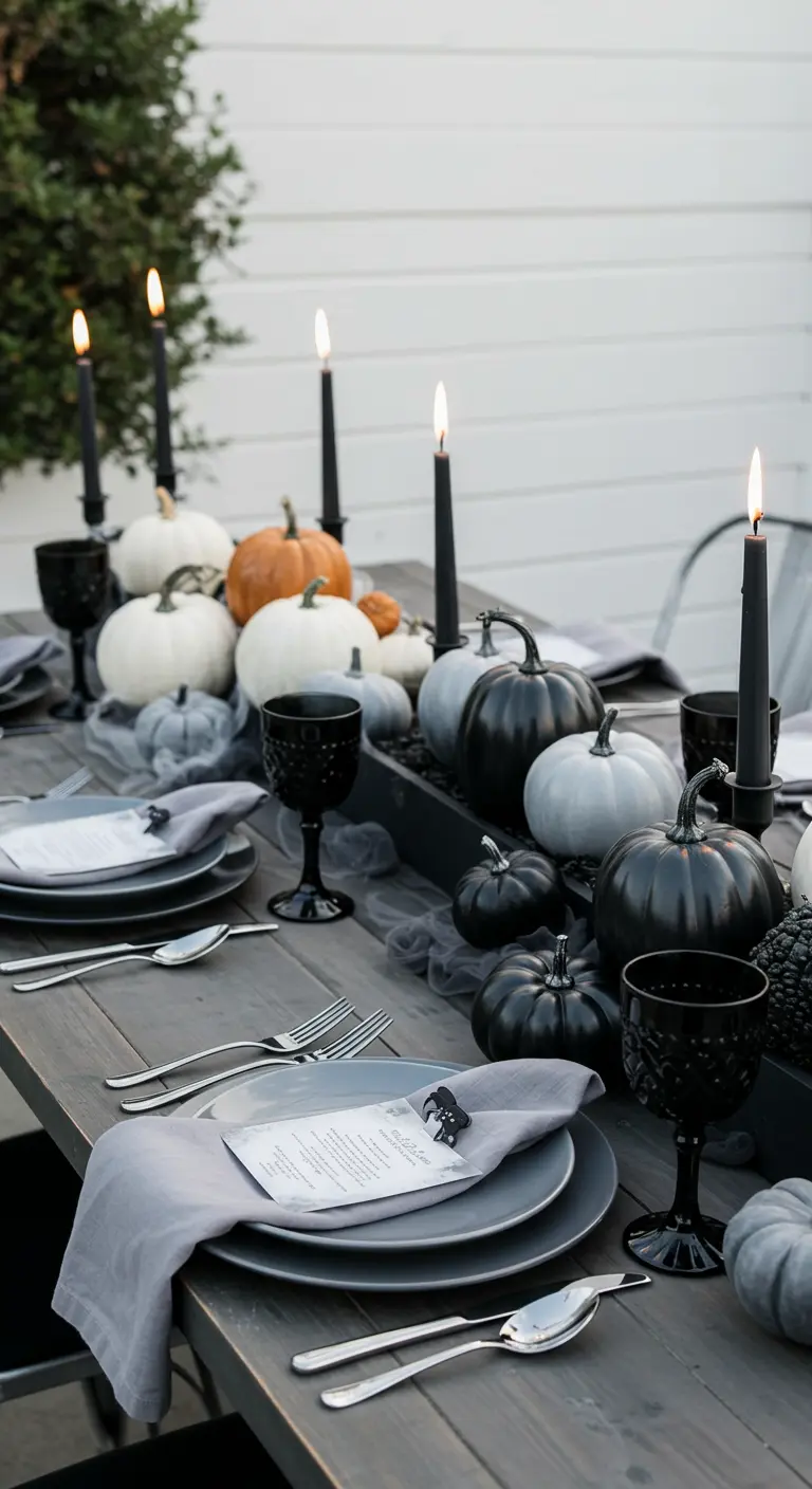 Centre de table composé de citrouilles peintes en noir, blanc et gris.