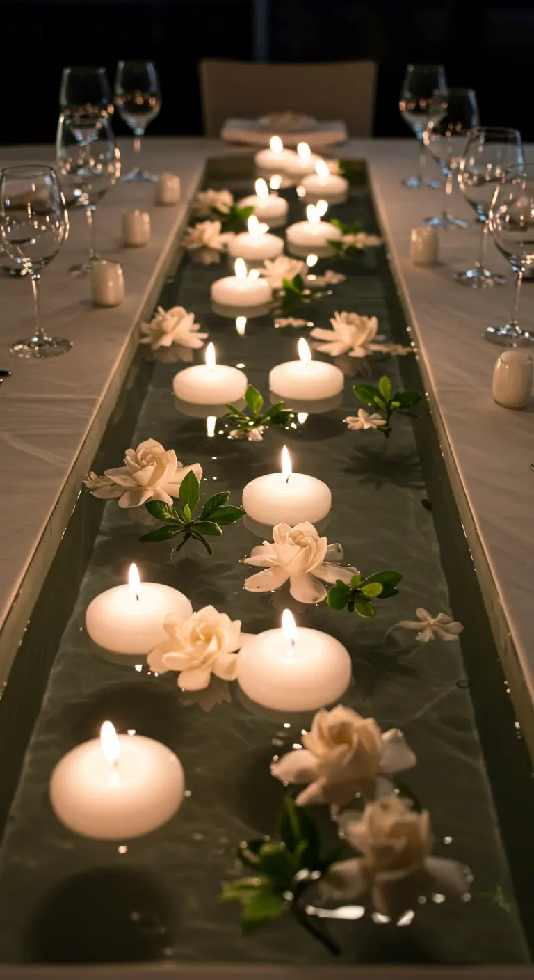 Centre de table aquatique avec des bougies flottantes et des fleurs blanches dans un long récipient.
