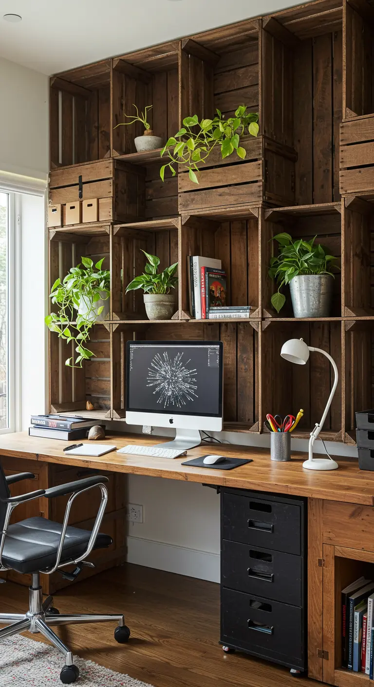 Grand mur d'étagères entièrement composé de caisses en bois superposées au-dessus d'un bureau.