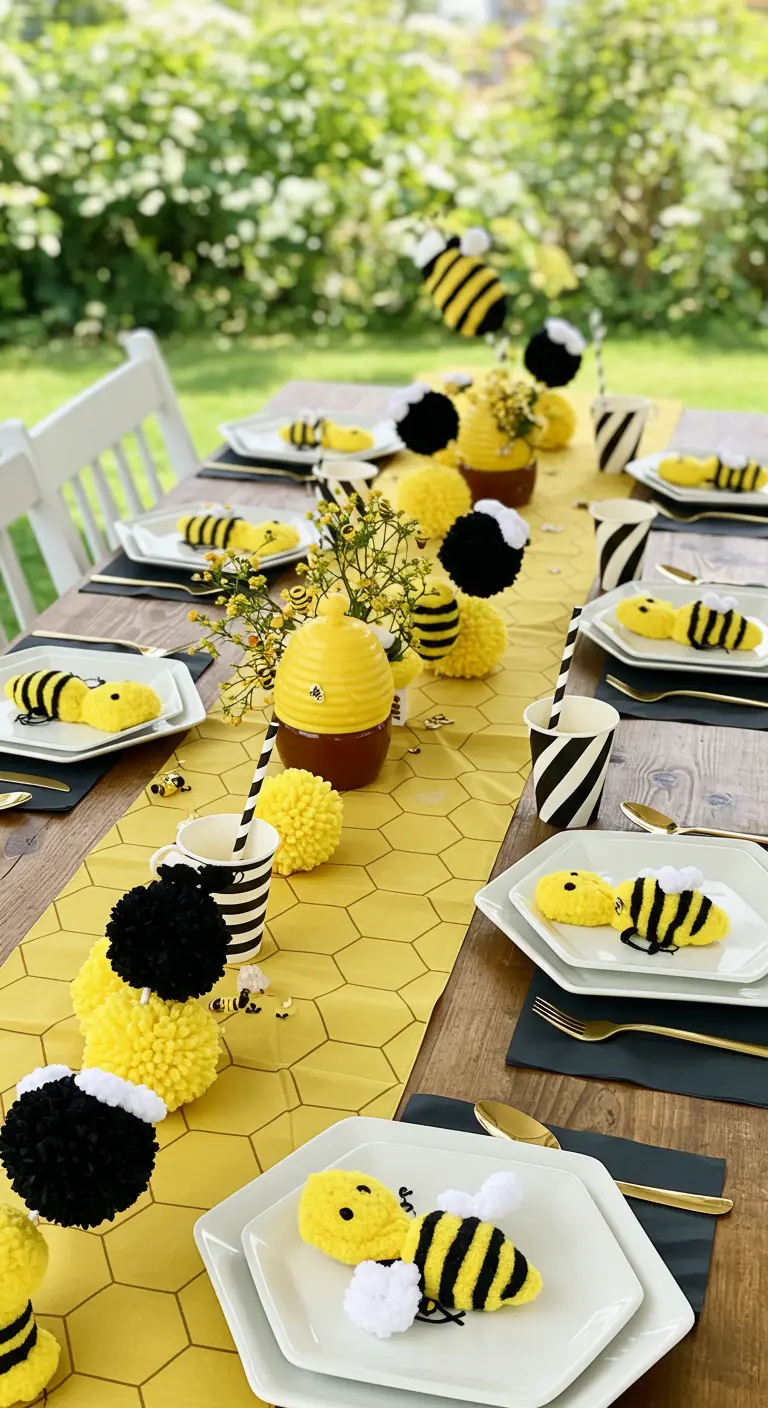Table de fête sur le thème des abeilles avec des décorations jaunes et noires.