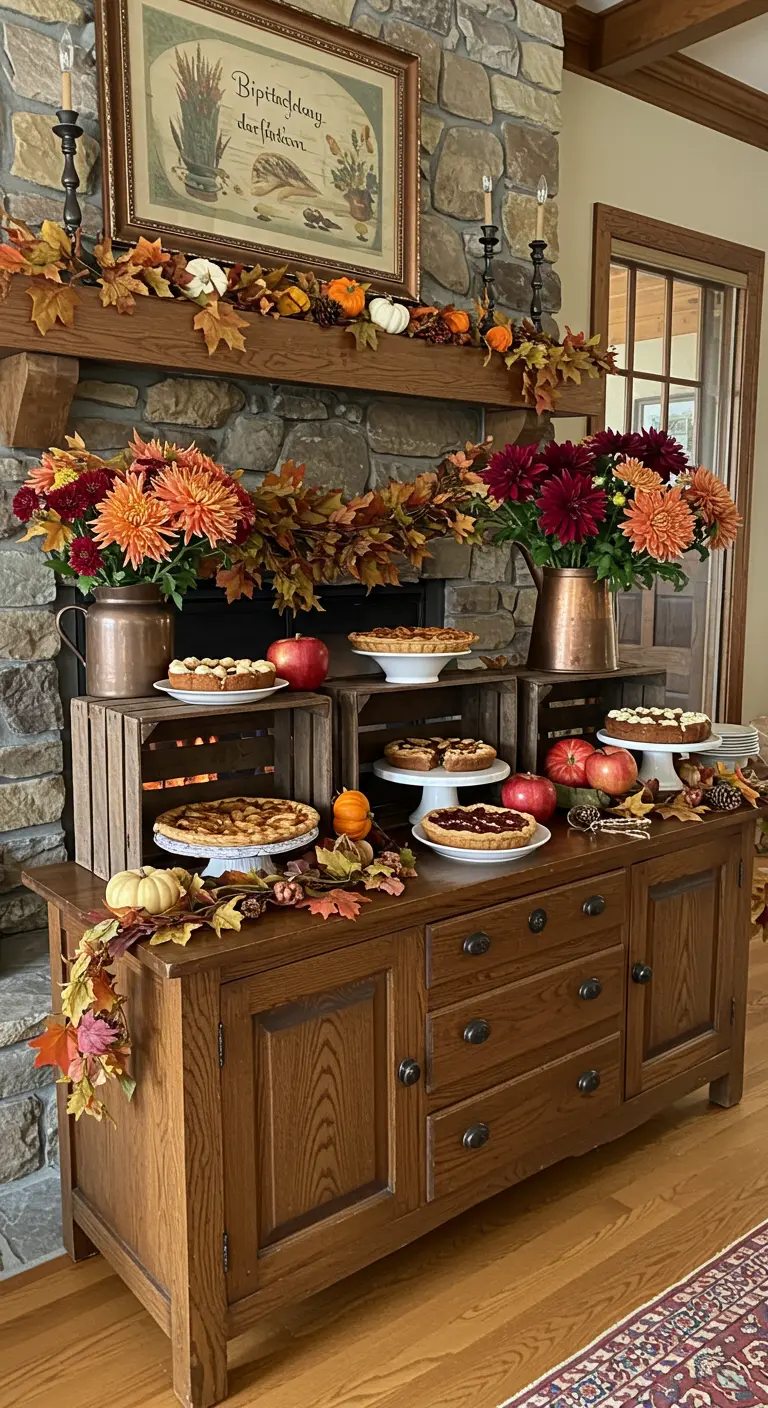 Buffet d'automne rustique avec des caisses en bois, des citrouilles, des pommes et des dahlias.