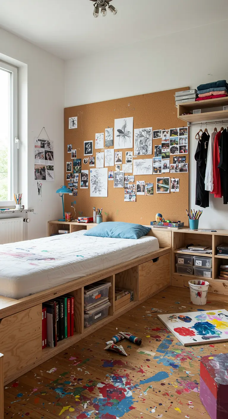 Chambre d'artiste avec un lit plateforme en bois DIY et un mur en liège couvert de photos et dessins.