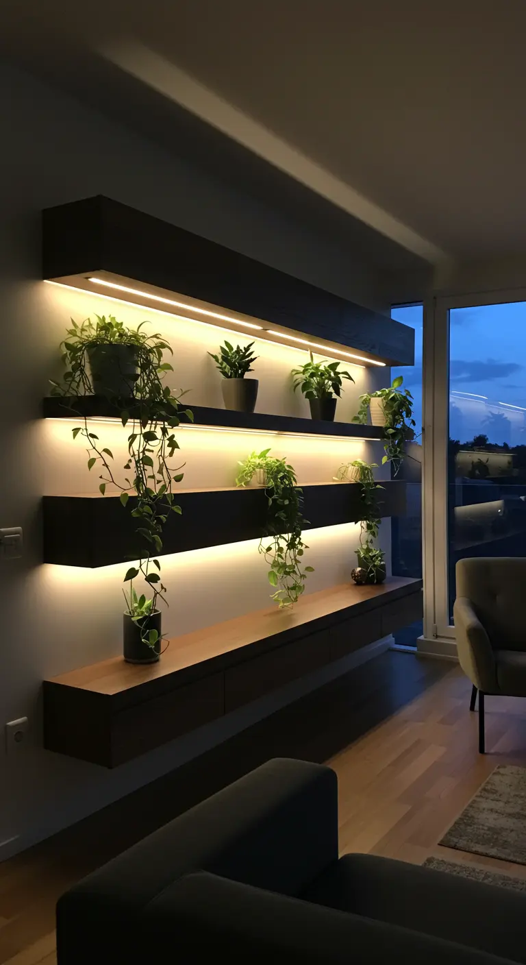 Étagères murales sombres avec un éclairage LED intégré qui illumine les plantes vertes par en dessous.