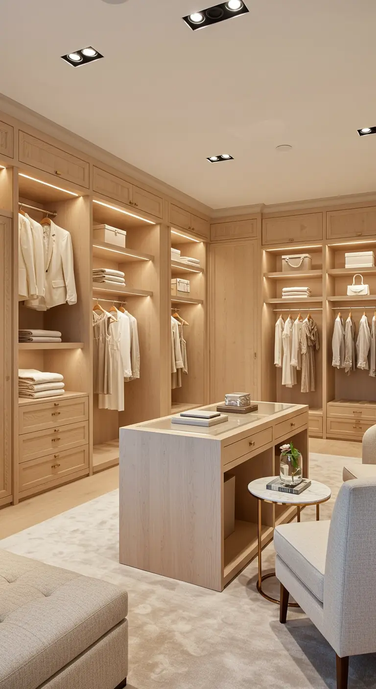 Dressing spacieux en bois clair avec un éclairage LED intégré et un grand îlot central.