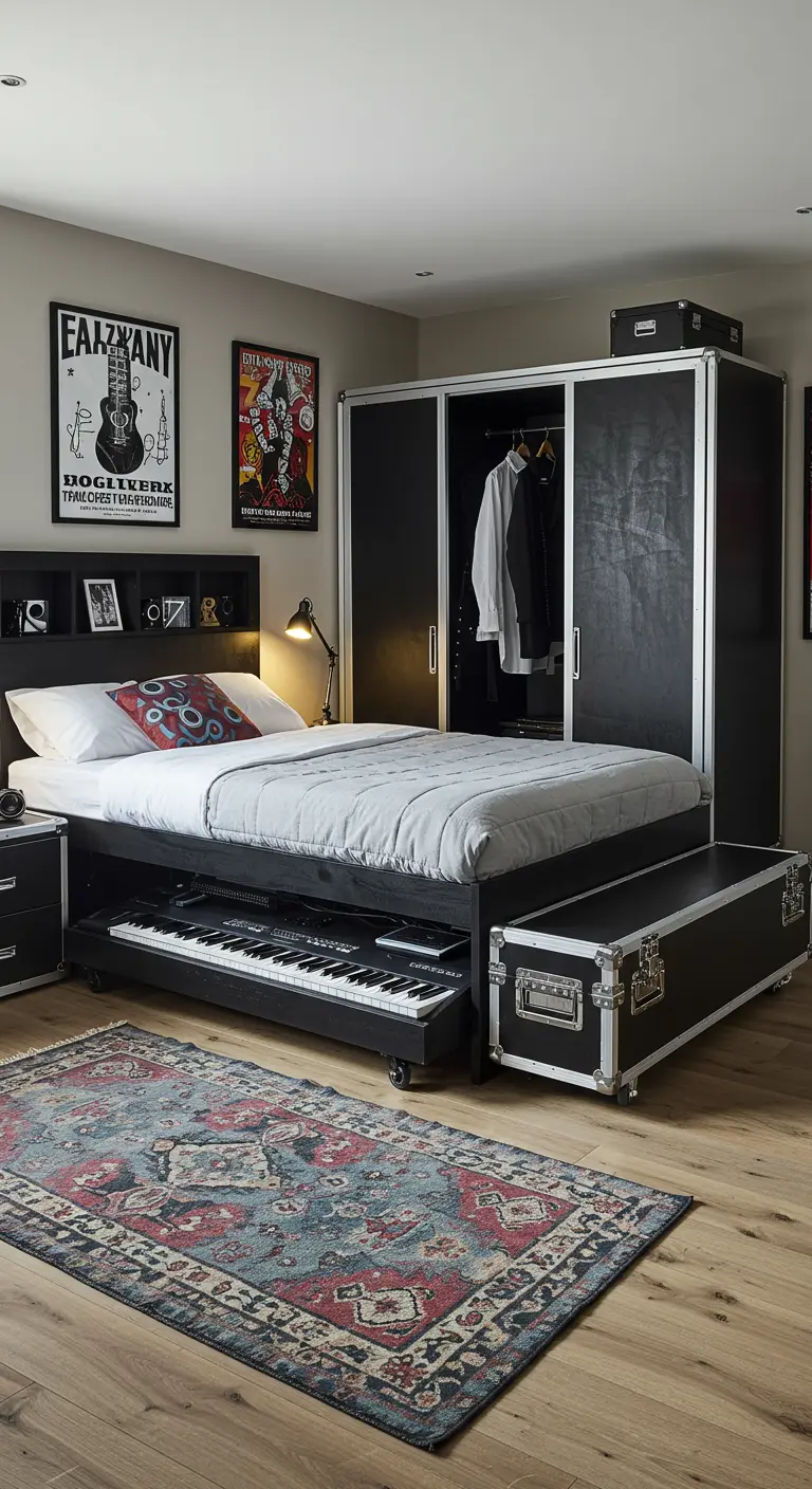 Chambre de musicien avec un tiroir sous le lit révélant un clavier de musique et des flight cases de rangement.