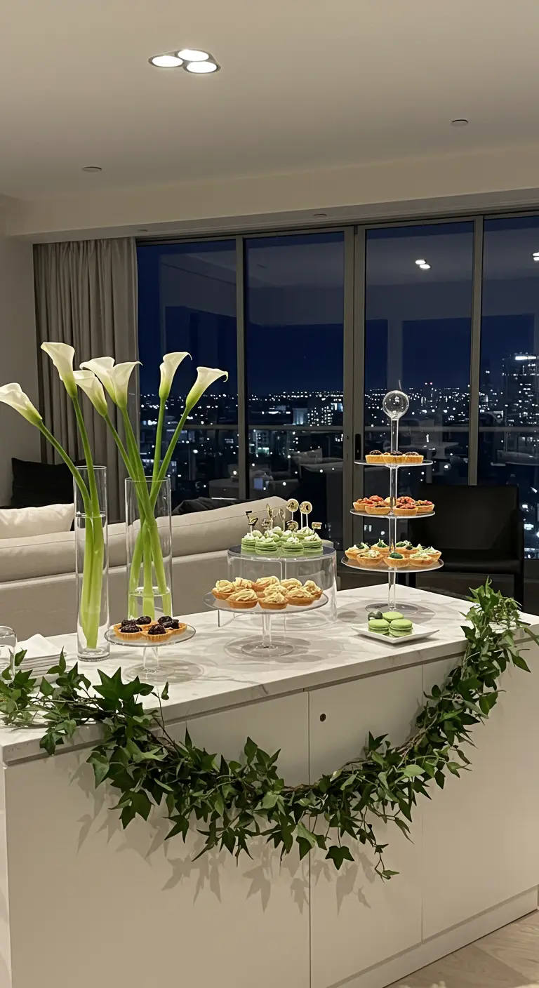 Buffet d'anniversaire moderne avec arums dans des vases hauts et guirlande de lierre.
