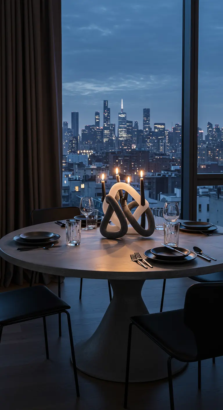 Table ronde moderne avec un bougeoir sculptural et vue sur la ville de nuit.