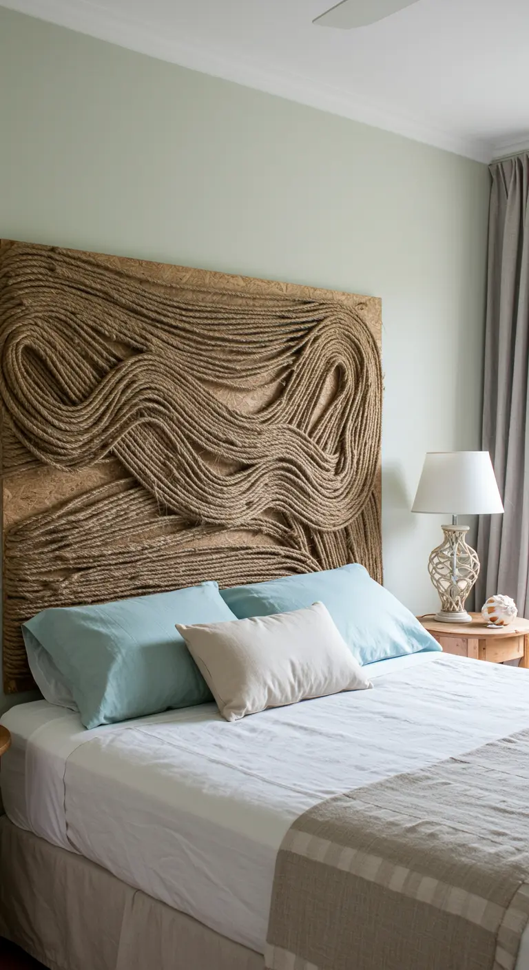 Tête de lit DIY texturée réalisée avec de la corde de jute collée en vagues sur un panneau.
