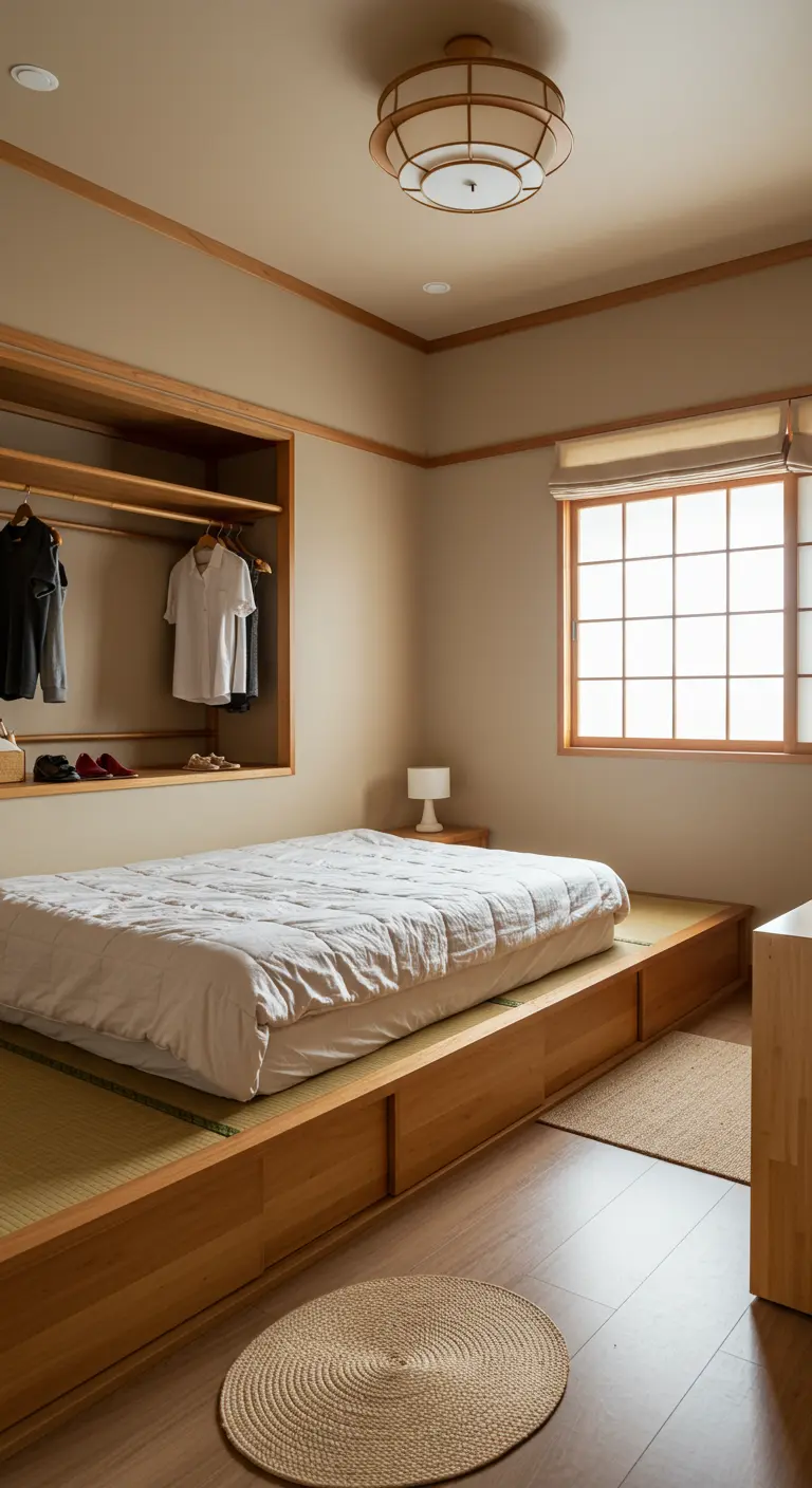 Chambre d'inspiration japonaise avec un lit sur une estrade en bois et des rangements intégrés.