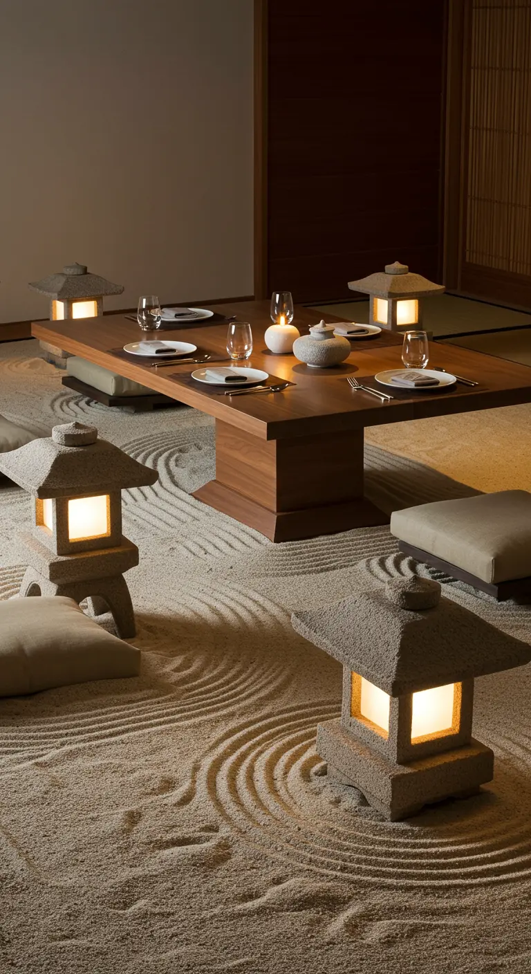 Table basse japonaise dans un jardin de sable, entourée de lanternes en pierre illuminées.