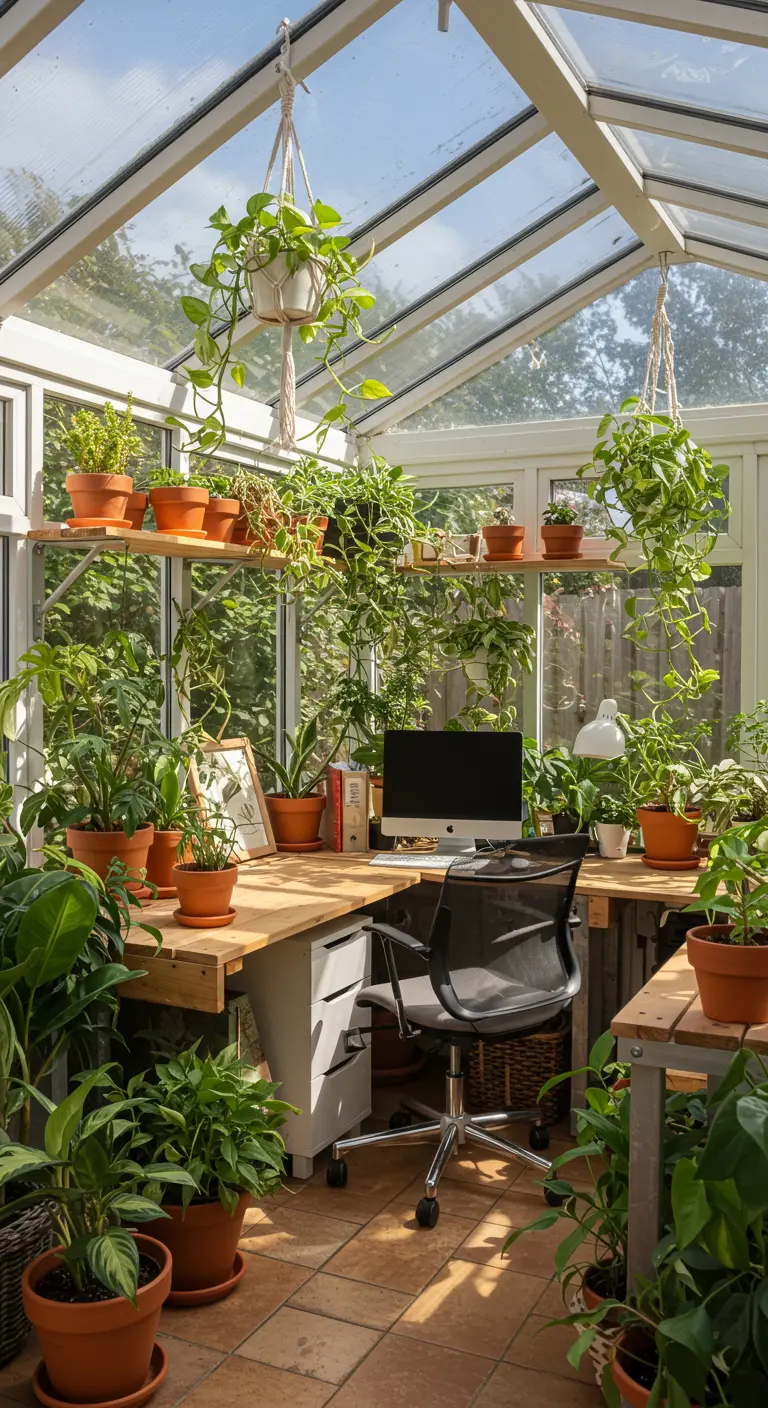 Bureau dans une véranda en verre, entouré de dizaines de plantes en pots et suspendues.