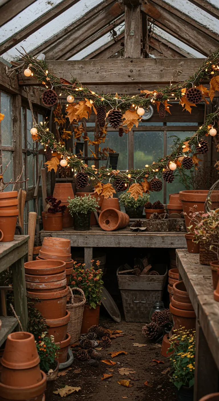 Intérieur d'une serre rustique avec des guirlandes de feuilles séchées suspendues.