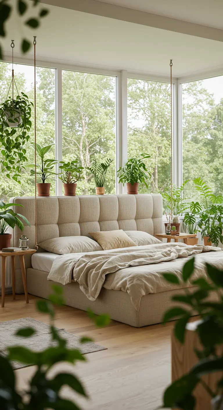 Tête de lit beige entourée de nombreuses plantes vertes dans une chambre lumineuse.