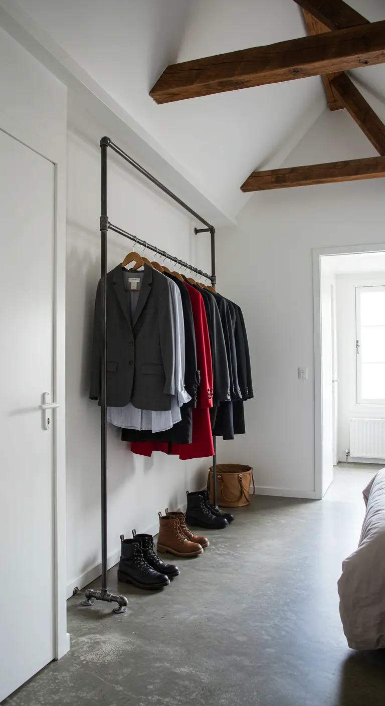 Grand portant noir de style industriel dans une chambre spacieuse au décor minimaliste.