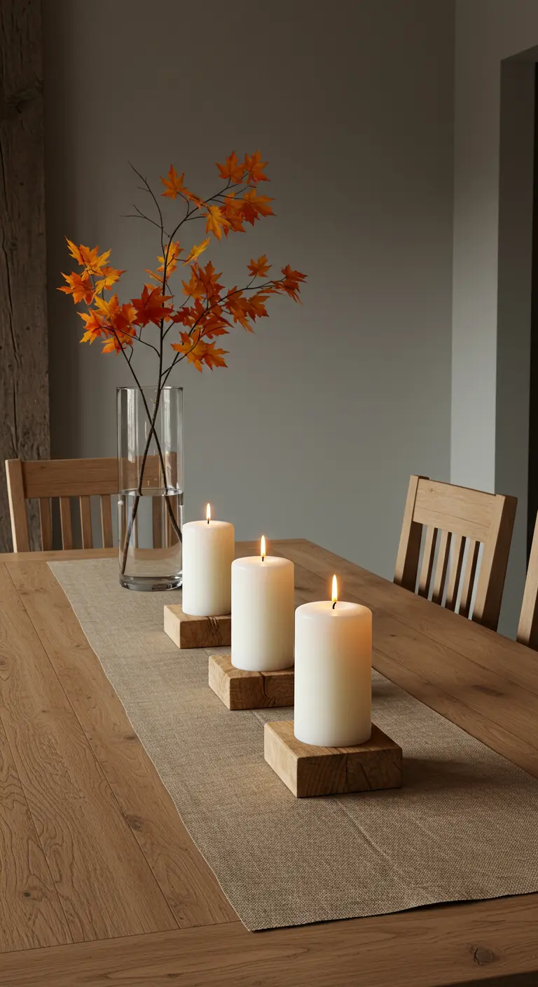 Centre de table minimaliste avec trois bougies blanches sur des blocs de bois.