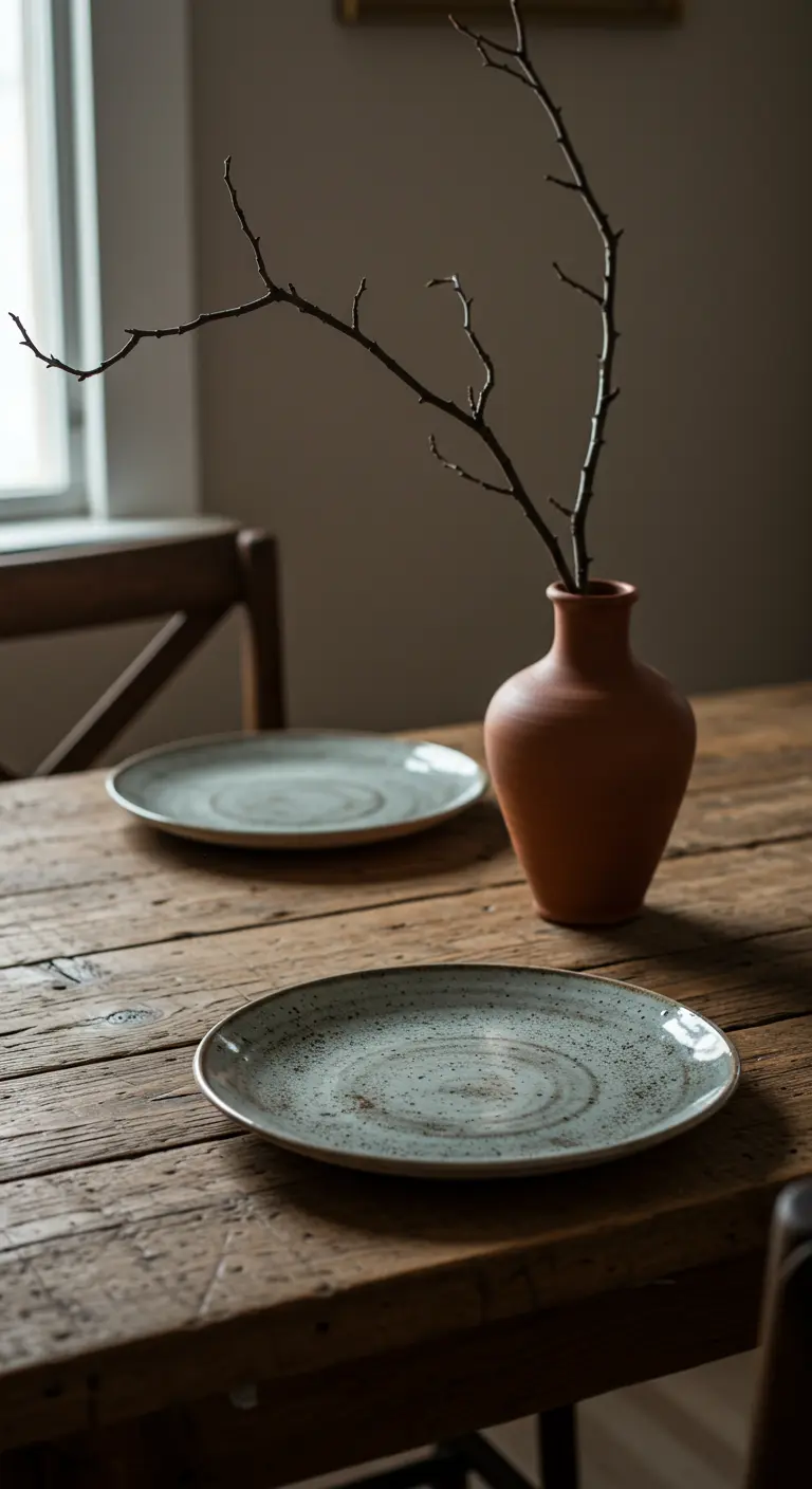 Assiettes en céramique sur une table en bois avec une branche nue dans un vase.
