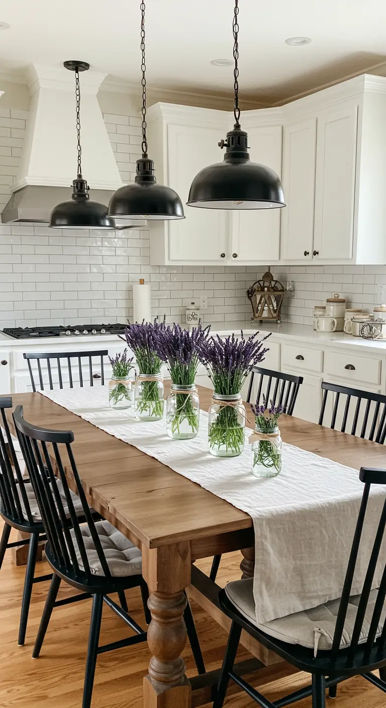 Table de ferme avec un chemin de table et des bouquets de lavande dans des bocaux en verre.