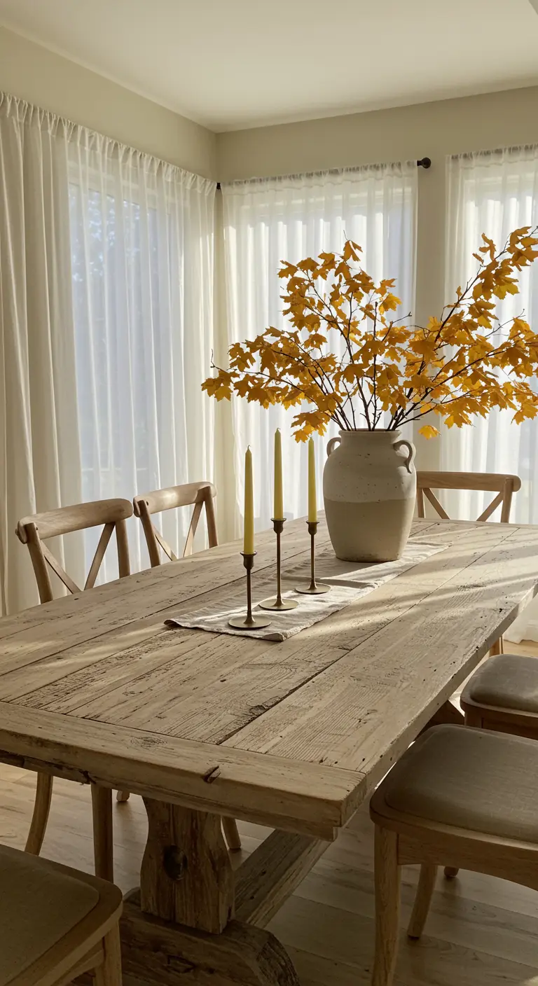 Table en bois rustique avec un grand vase en céramique contenant des branches aux feuilles jaunes.