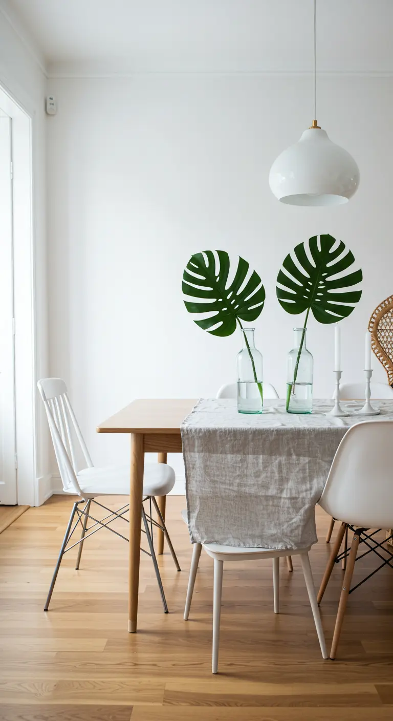Table de salle à manger minimaliste avec deux feuilles de Monstera dans des vases en verre.